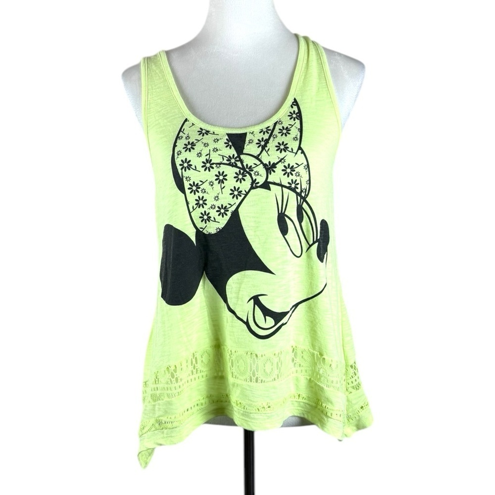 Disney Minnie Mouse Tank Top Neon Green Lace Hem Women’s Size L